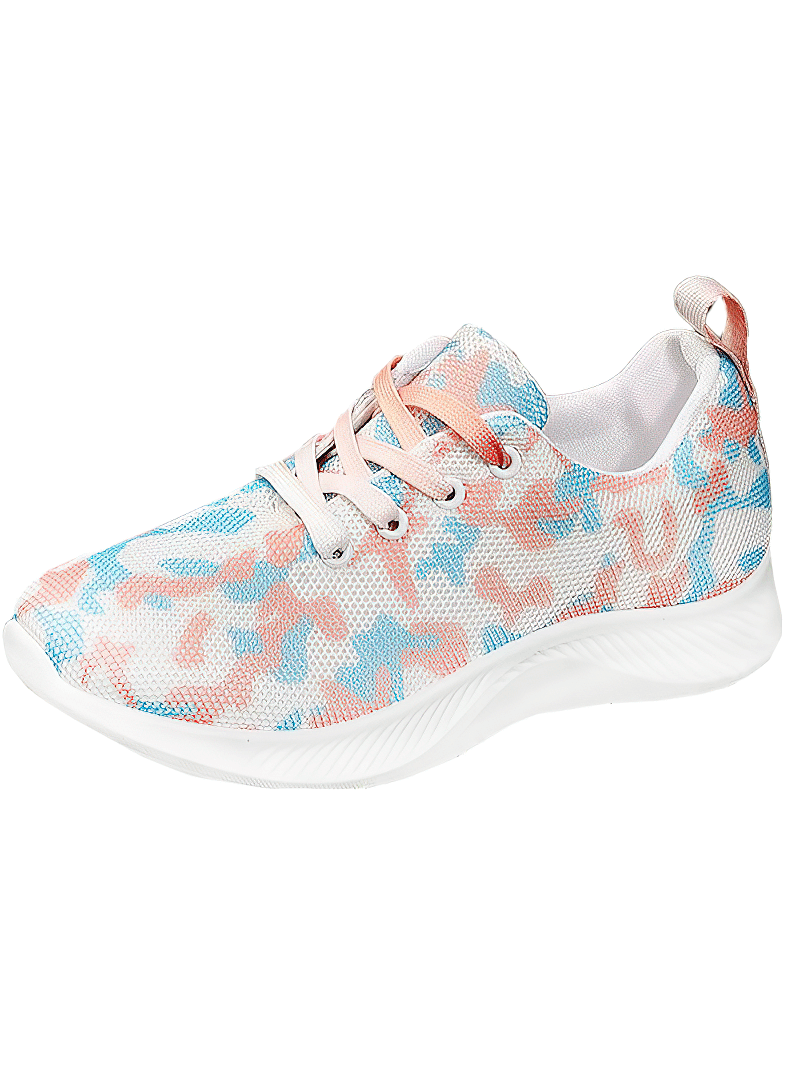 Women's breathable mesh non-slip sports shoes in camouflage pattern with lace-up design, round toe, and rubber outsole.